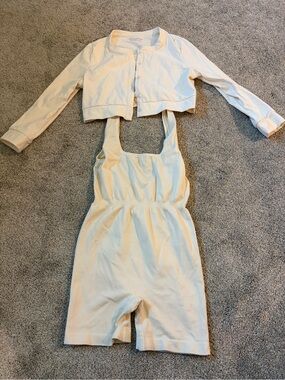 WeWoreWhat Cream Ribbed Jumpsuit with Cropped Button Cardigan